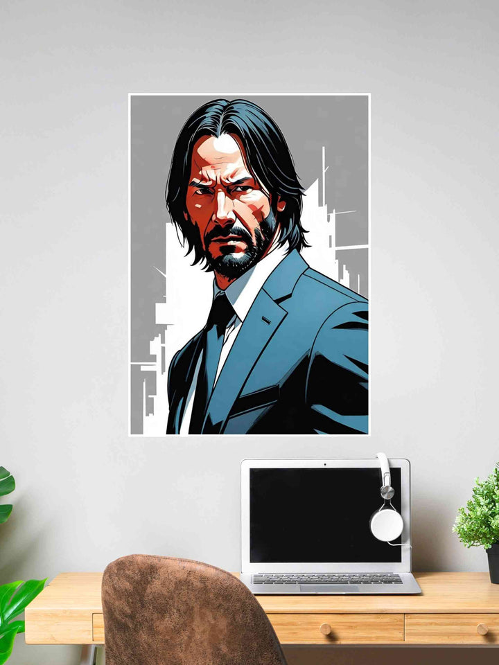 Minimalist vector-style poster of John Wick in a suit against a gray and white background, displayed above a workspace.
