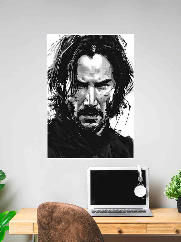 Hand-drawn sketch-style poster of John Wick in black and white, hung above a laptop on a wooden desk.