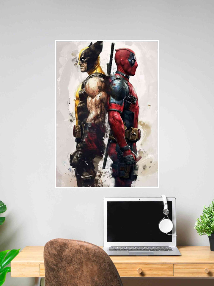 Poster of Wolverine and Deadpool standing back to back in grunge-style artwork, hung above a modern desk setup.