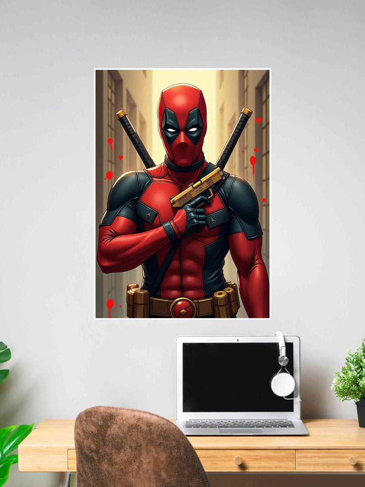 Poster of Deadpool in an alley holding a gold pistol with katanas on his back, surrounded by blood splatter, above a desk setup.