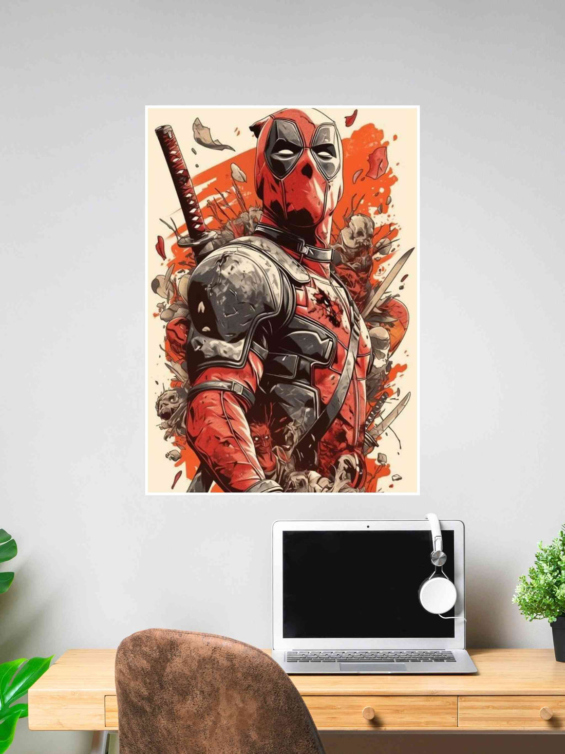 Deadpool poster showing him in damaged armor with a katana on his back, standing amid flying debris and shattered skulls in a dramatic red scene.
