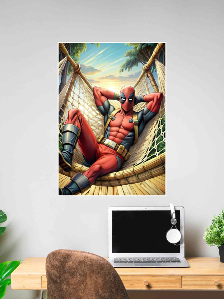 Deadpool lying in a hammock with arms behind his head, enjoying a sunset with trees and sky in the background. Relaxed and humorous scene.