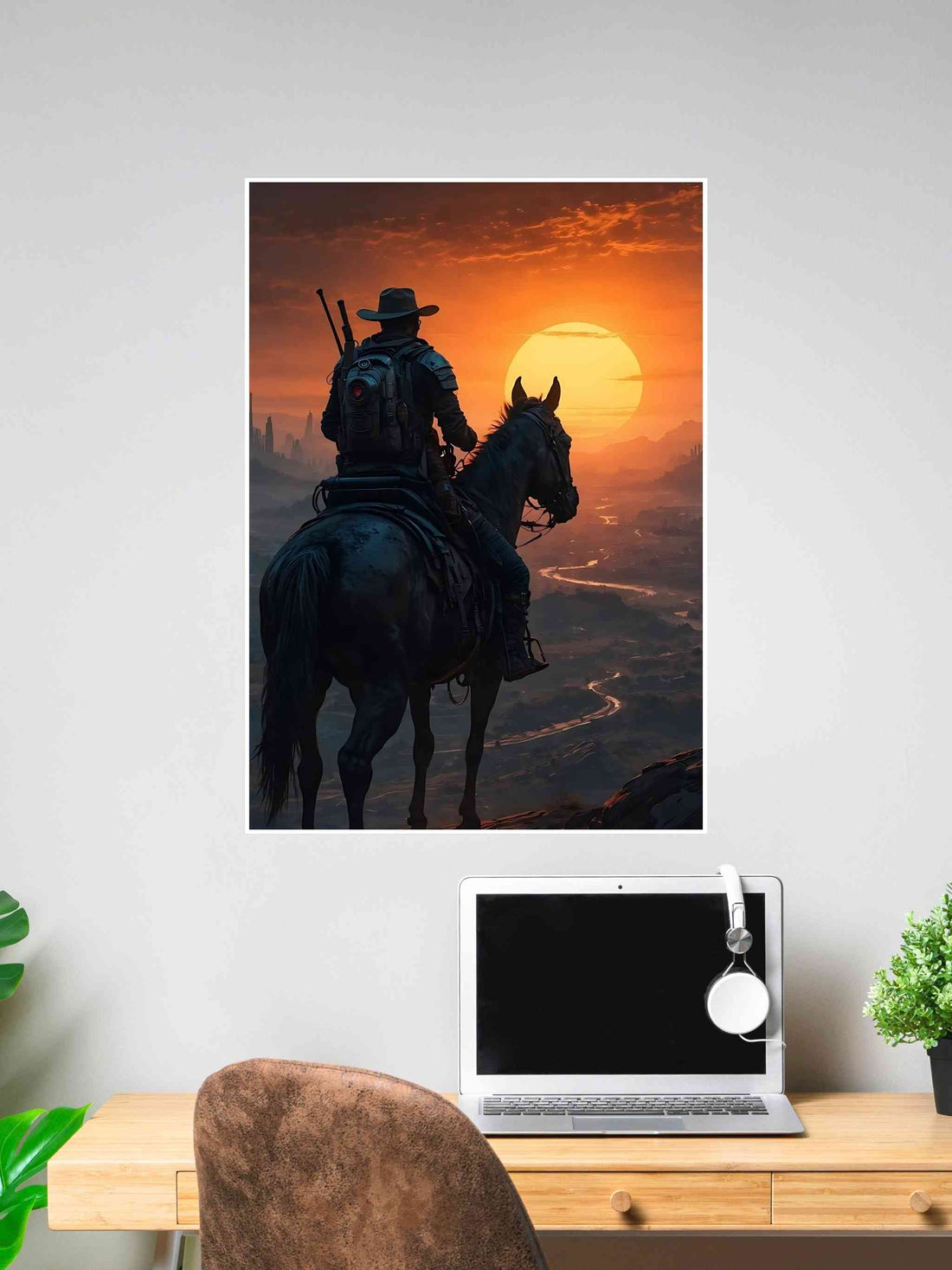 Red Dead Redemption Lone cowboy on horseback riding into sunset, western scenic wall art.