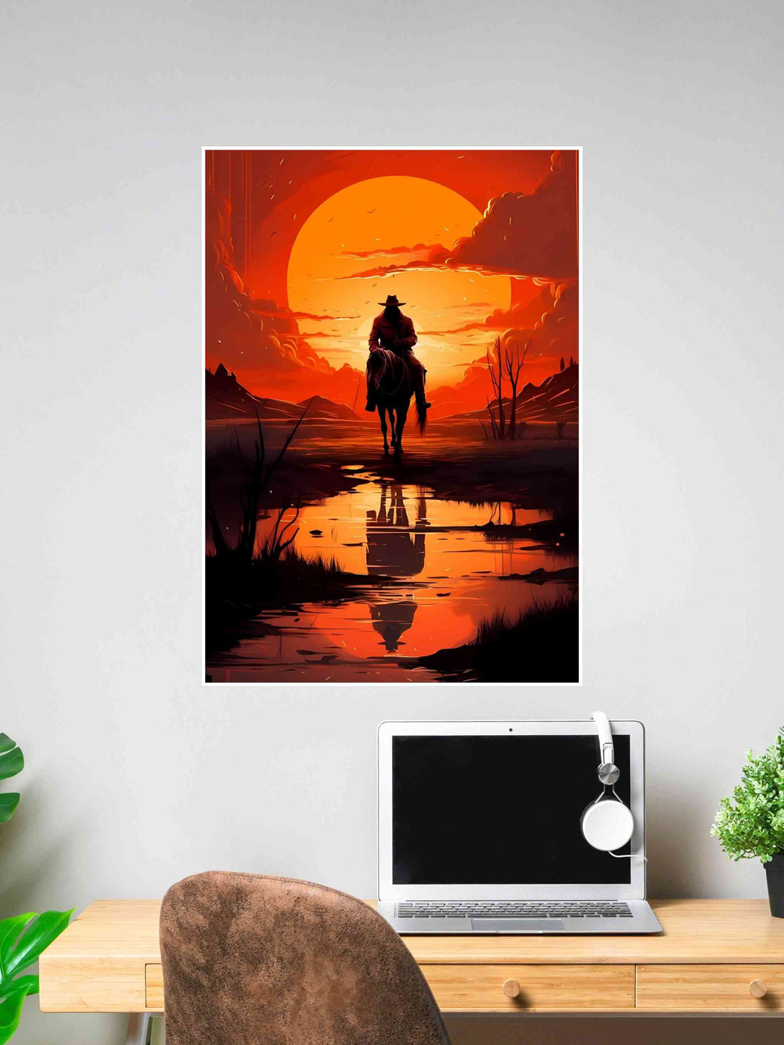 Red Dead Redemption Silhouette of cowboy on horseback at sunset with orange sky and lake reflection.