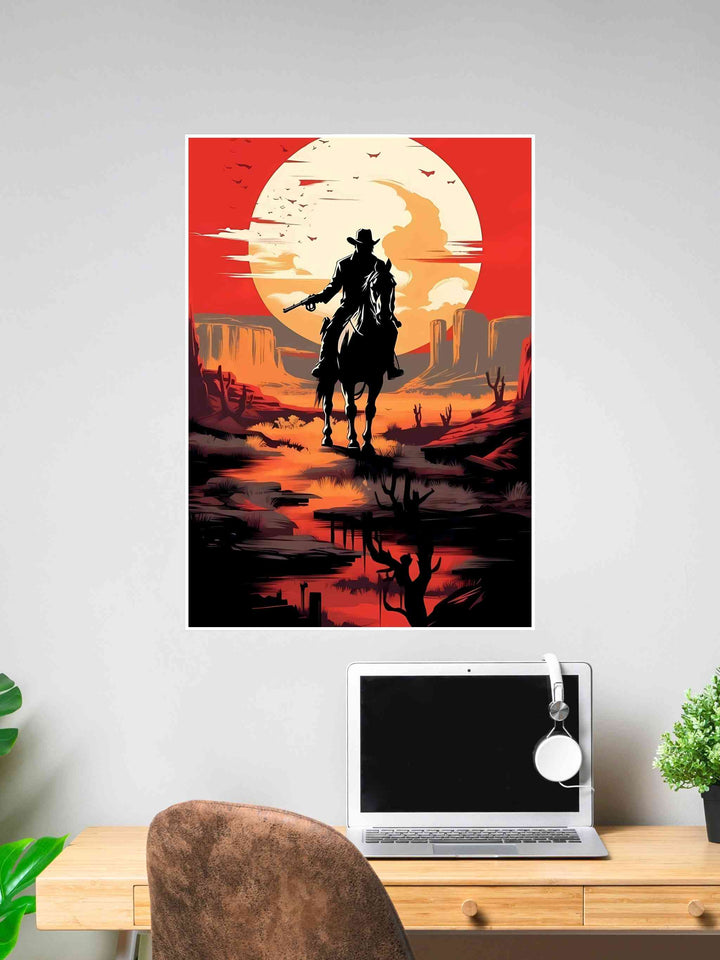 Illustrated Red Dead Redemption cowboy on horseback holding a gun with a desert sunset in the background.