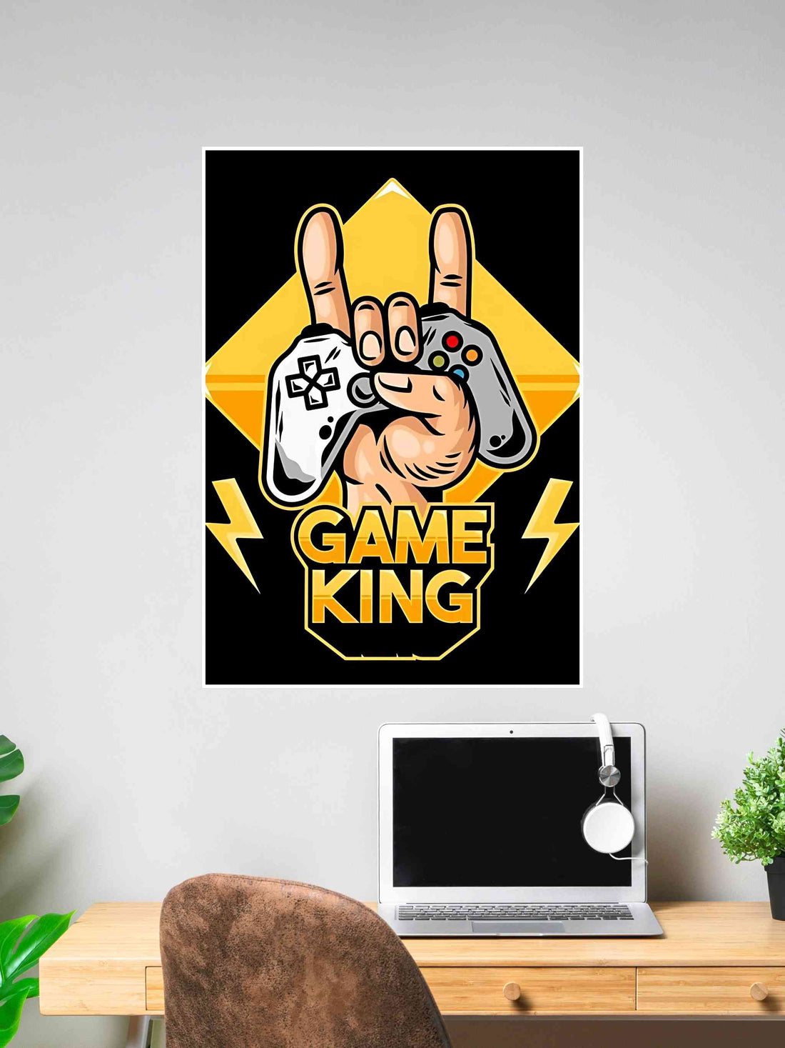 Illustrated gaming controller with hand gesture and “Game King” text in bold yellow and black theme.