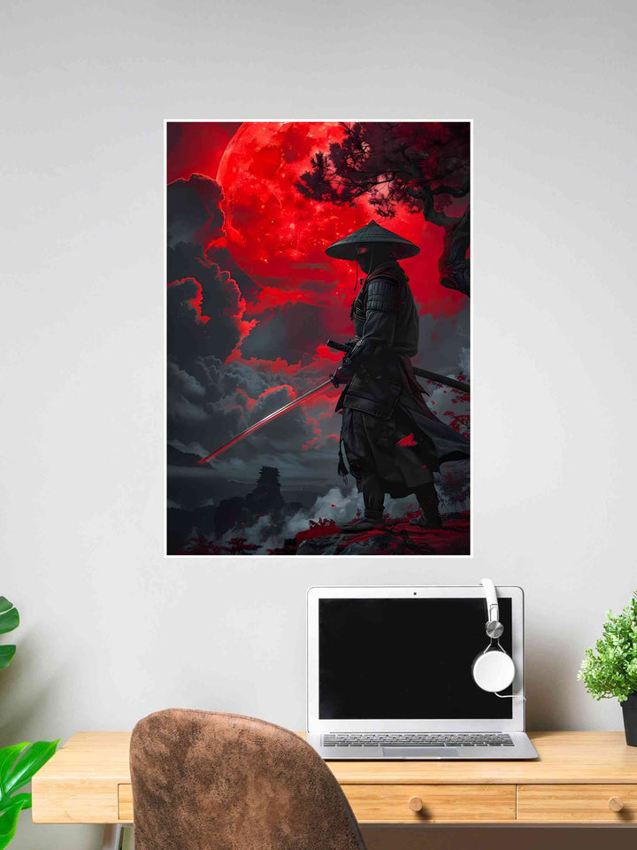 Samurai warrior holding a katana under a glowing red moon, surrounded by dark clouds and misty landscapes.