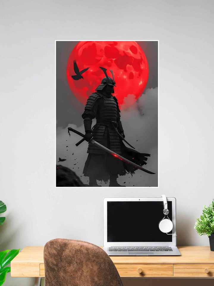 Samurai warrior in black armor with sword, standing beneath a red full moon with a crow flying nearby.