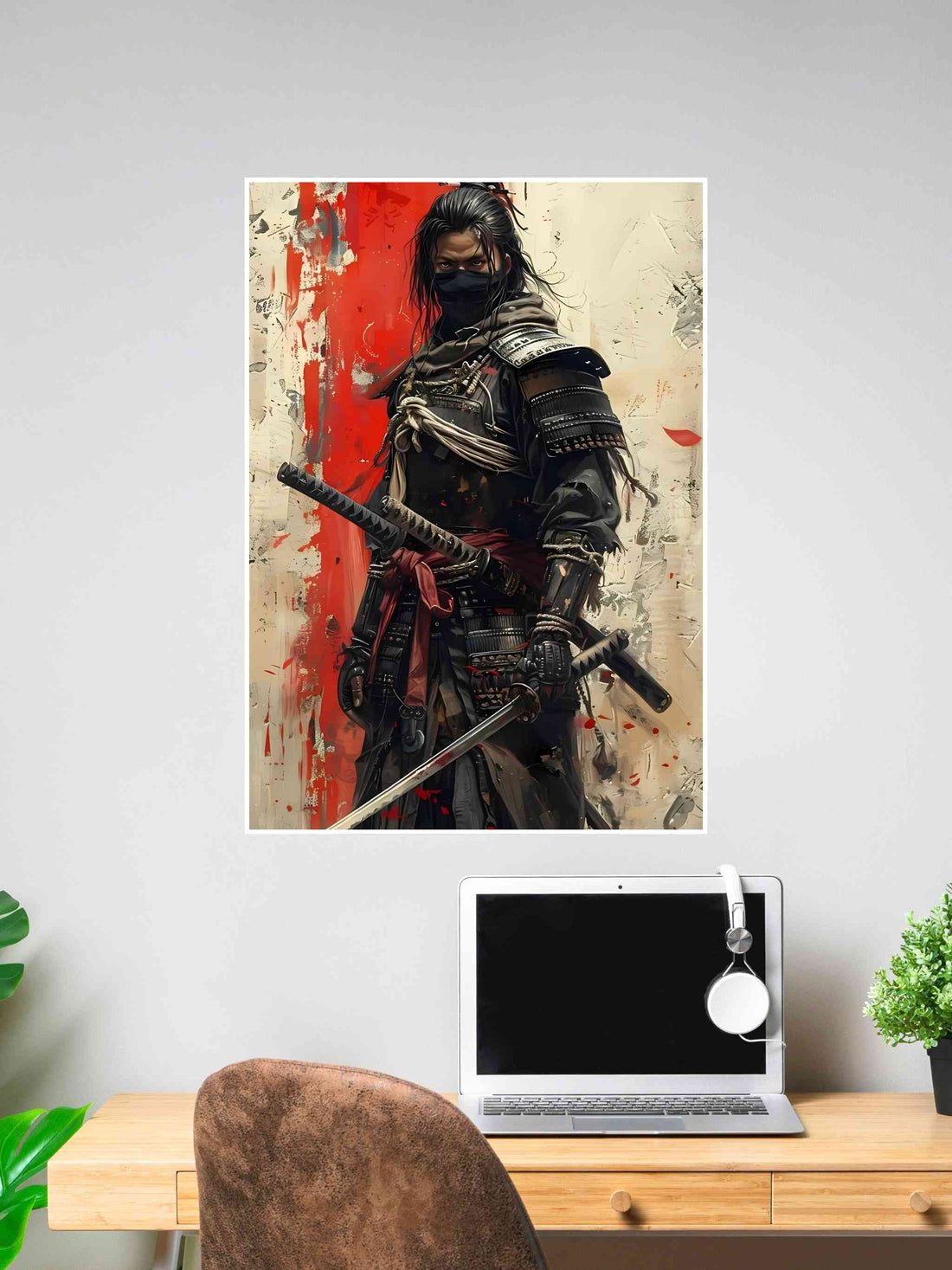 Masked samurai warrior holding two swords with intense expression against a red and white abstract background.