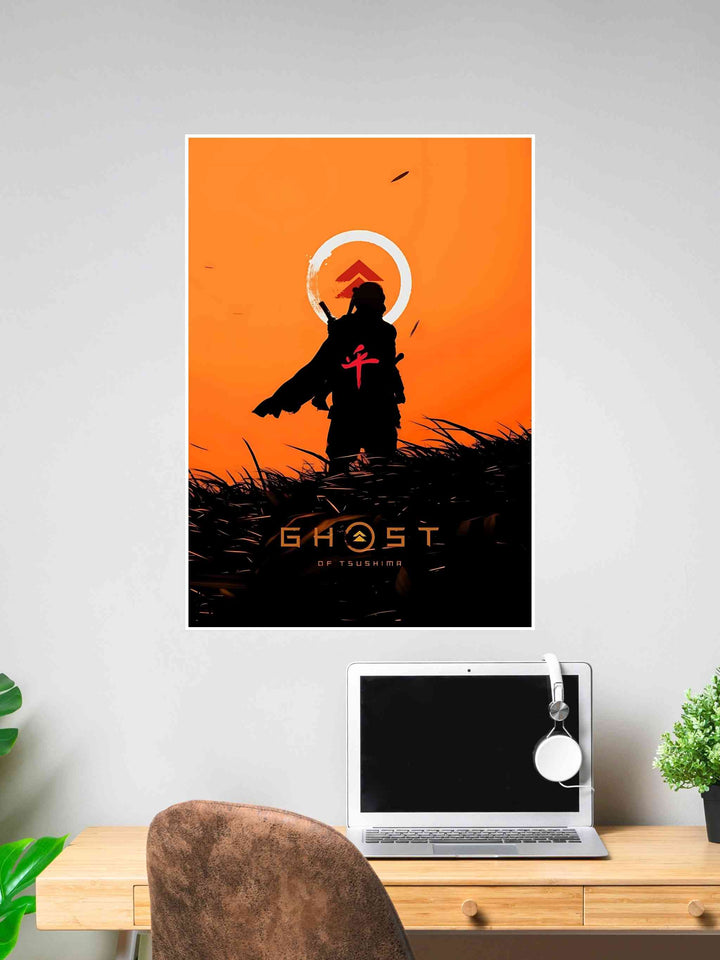 Silhouette of a samurai warrior from Ghost of Tsushima against an orange background with a glowing emblem.