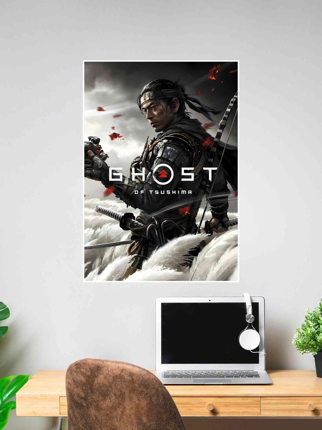 Ghost of Tsushima poster featuring Jin Sakai in samurai armor among white pampas grass with red leaves flying.