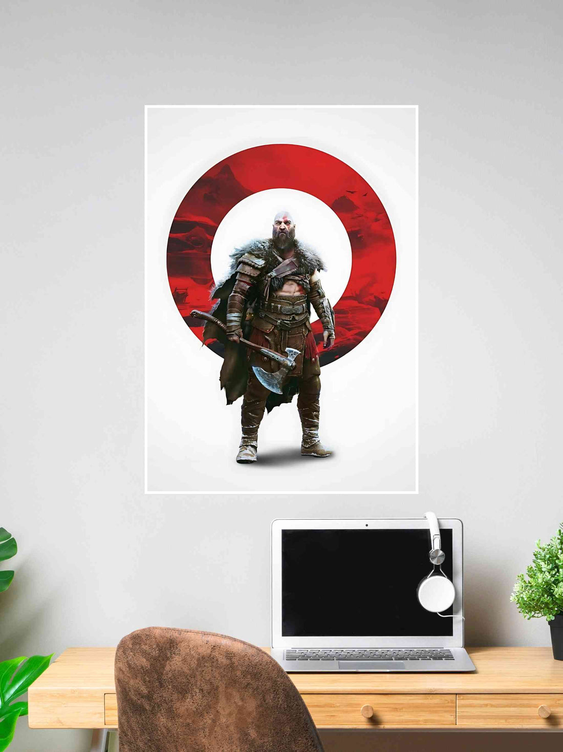 Kratos from God of War standing in front of a red Norse symbol with an axe and fur armor.