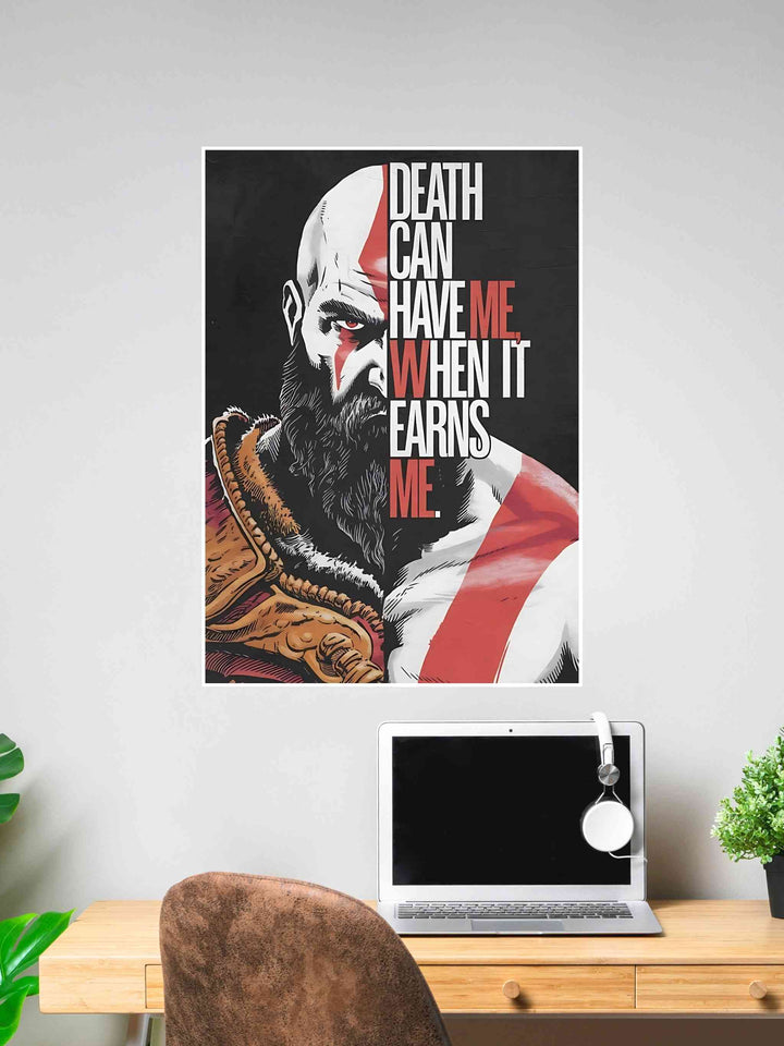Stylized Kratos artwork with the quote "Death can have me when it earns me" on a dark background.