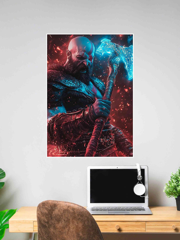 Epic Kratos artwork holding a glowing blue Leviathan Axe surrounded by red sparks.
