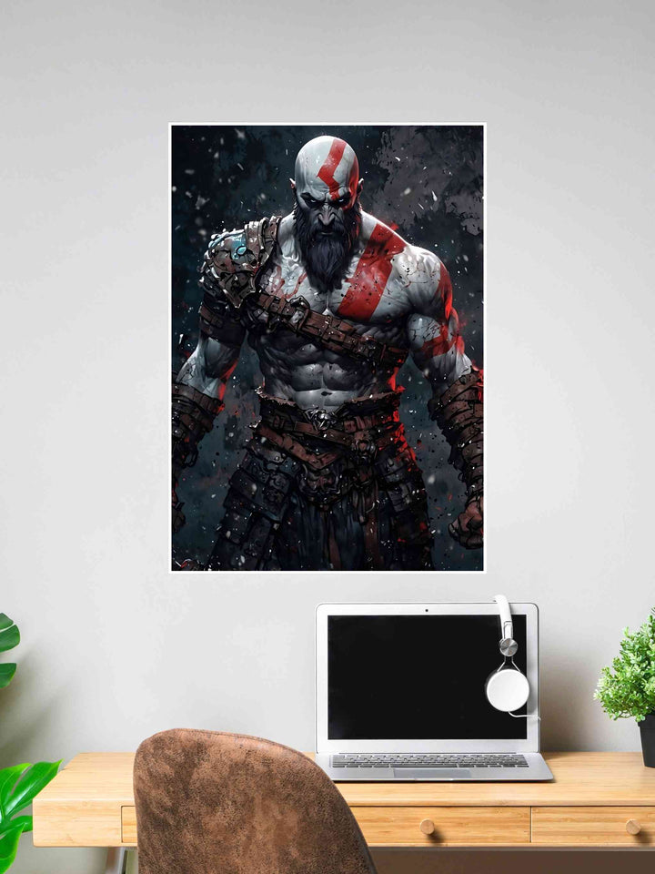 Fierce Kratos artwork in armor, with red war paint and intense battle-ready expression.