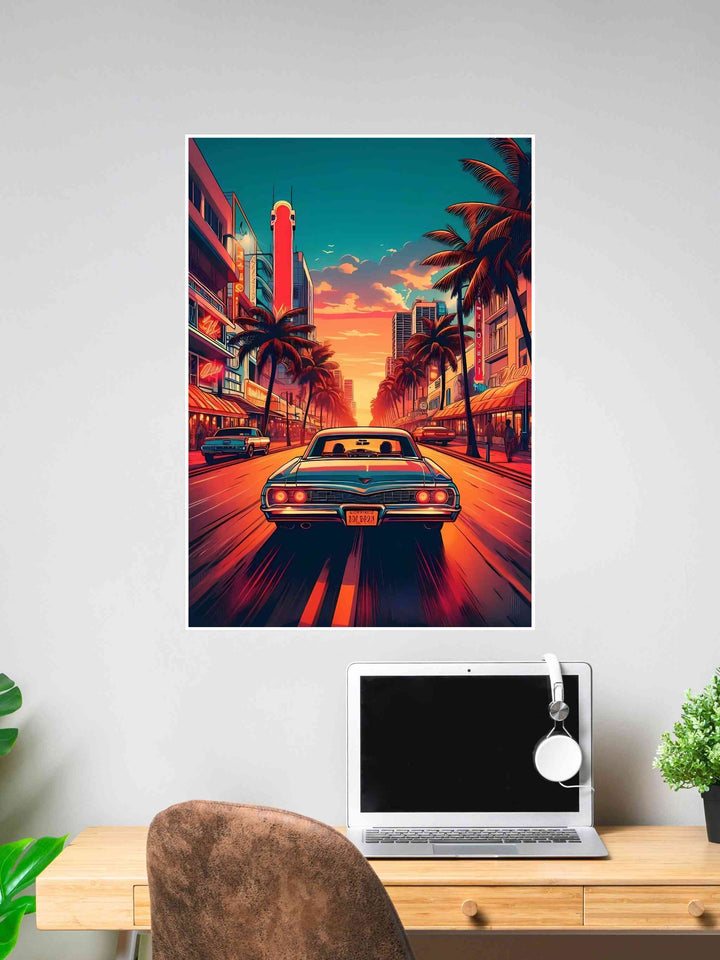 Retro car driving into a vibrant Miami sunset with palm trees and neon-lit buildings.