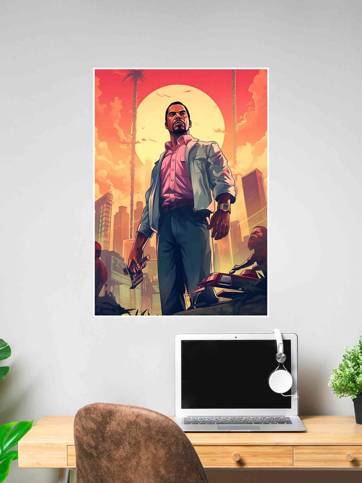 Illustrated man in white jacket holding a gun with a retro sunset cityscape background.