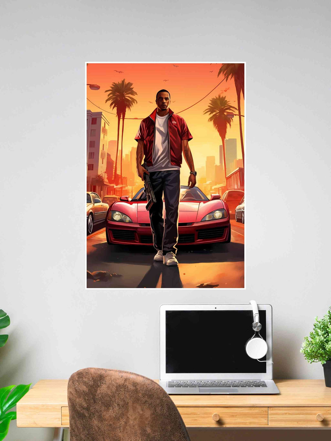 Man walking with a gun in front of a red sports car under a sunset cityscape with palm trees.