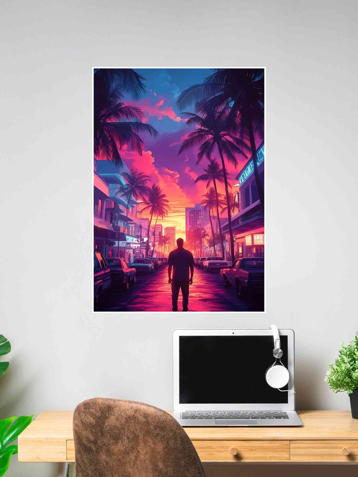 Silhouette of a man walking on a neon-lit city street with palm trees at sunset.