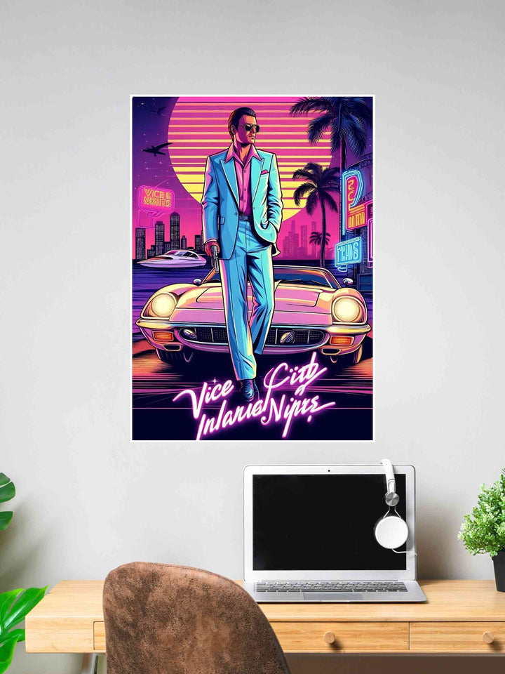 Man in pastel suit with car in front of neon city skyline and sunset.