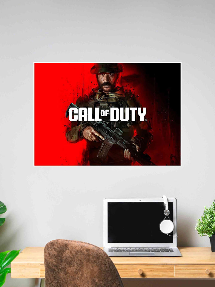 Call of Duty Captain Price holding rifle with red and black background.