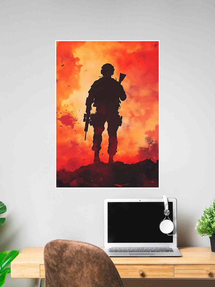 Silhouette of armed soldier standing against a fiery explosion background.