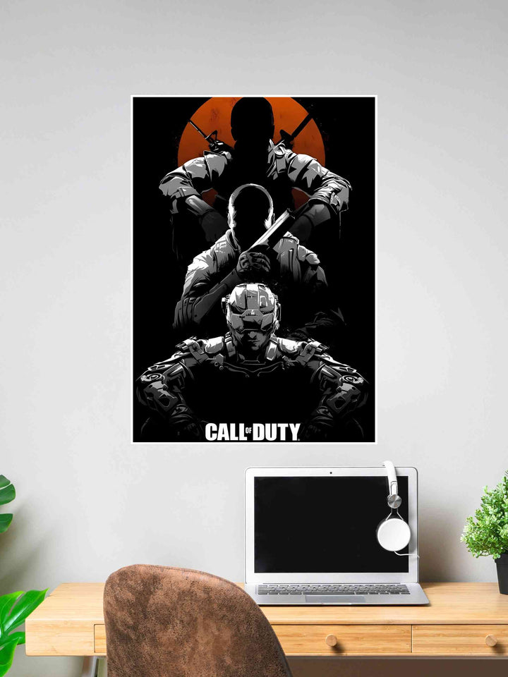 Call of Duty poster showing three shadowed warriors stacked against a red moon background.
