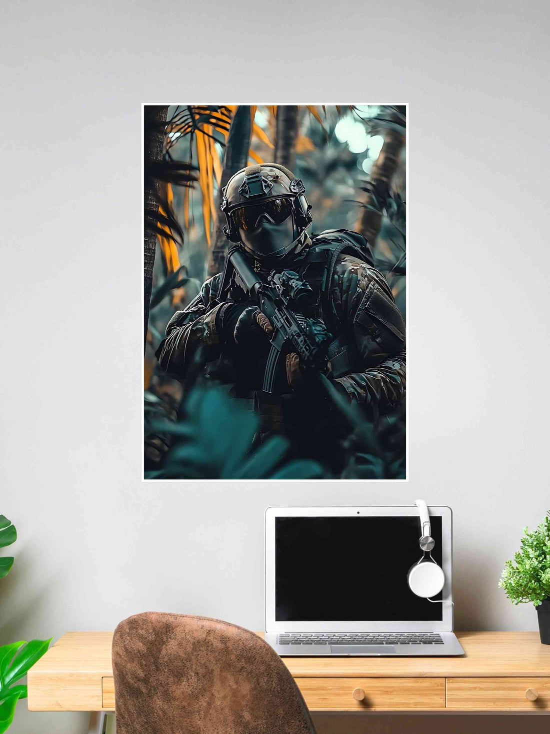Poster of a tactical soldier in full gear blending into a jungle environment.