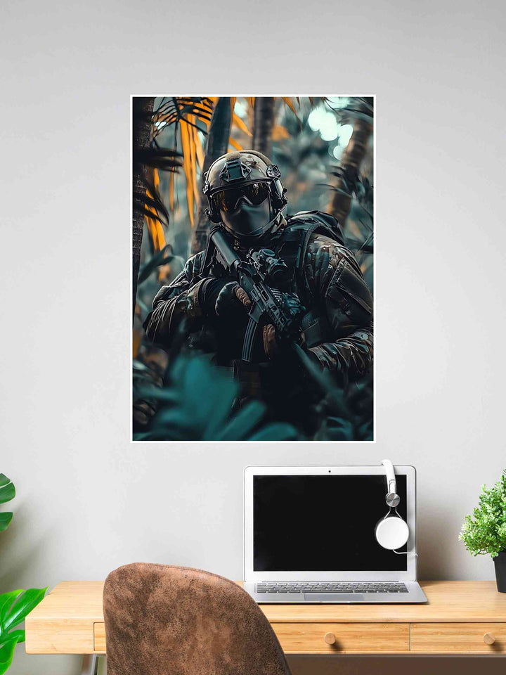 Poster of a tactical soldier in full gear blending into a jungle environment.