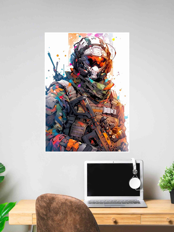 Poster of a tactical soldier in colorful combat gear with artistic splashes.