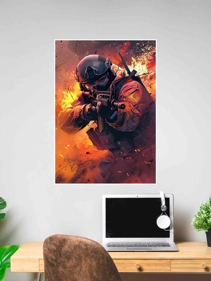 Poster of a tactical soldier advancing with a rifle amid explosions and flying debris.