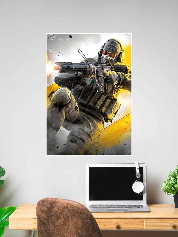 Poster of an elite soldier firing a rifle in tactical gear with a yellow explosive background.