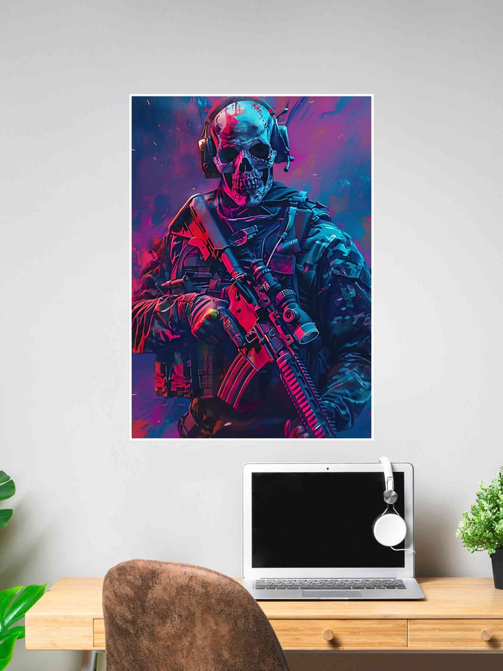 Poster of a tactical soldier wearing a skull mask with neon pink and blue lighting effects.