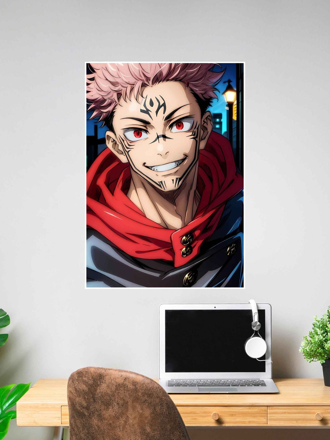 Anime poster of a smiling pink-haired boy with red eyes and black facial markings, wearing a red hoodie—Jujutsu Kaisen inspired.
