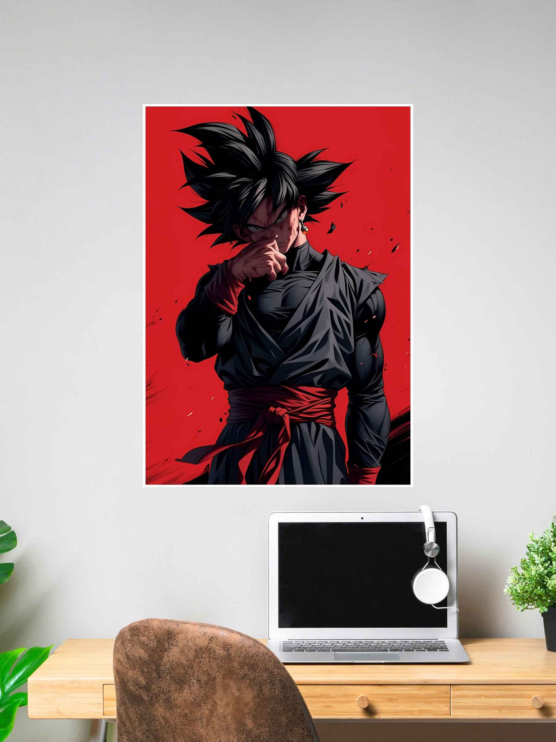 Anime warrior wall poster featuring dark-haired character in black outfit with red sash on vibrant red background