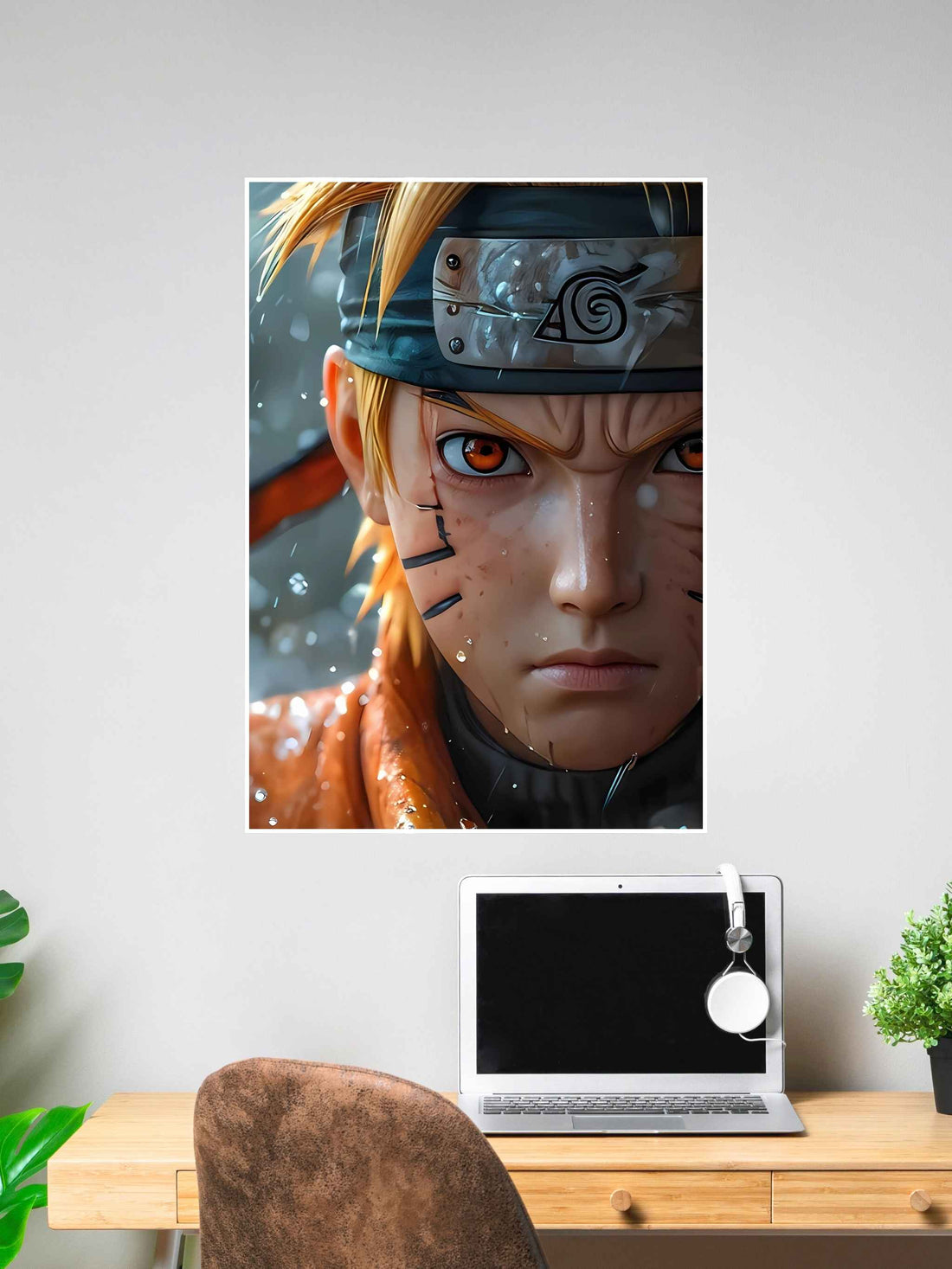 Close-up anime ninja poster showing intense expression, orange eyes, and water droplets on face with headband and orange outfit