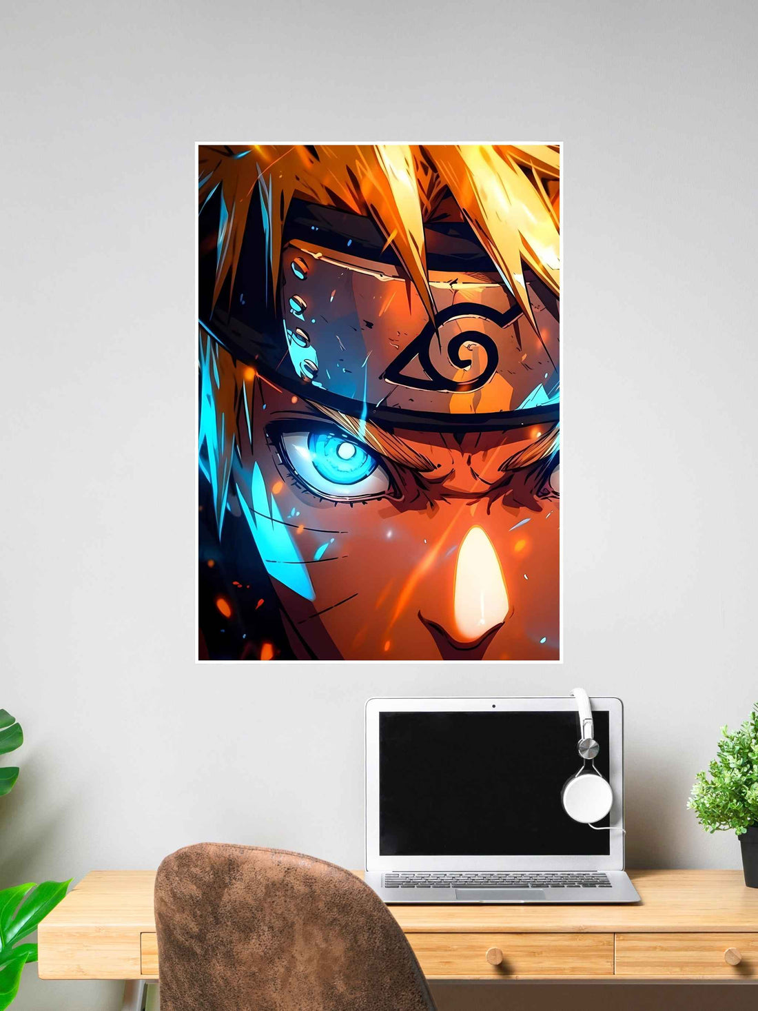 Anime poster featuring close-up of ninja’s face with glowing blue and orange eyes, intense expression, and dramatic lighting