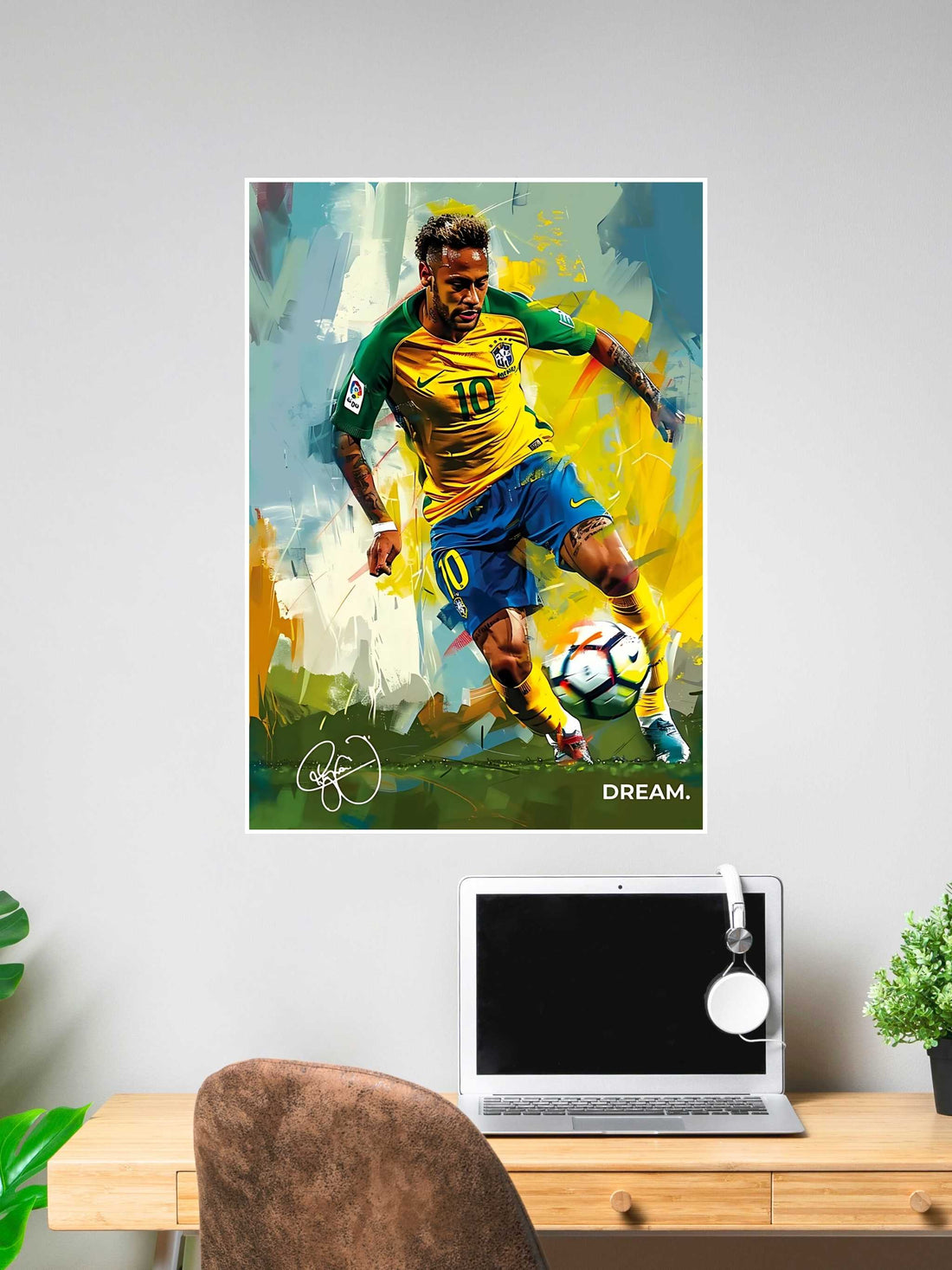 Poster of Brazilian footballer Neymar Jr. in action, wearing the yellow Brazil jersey, with a colorful painted background and the word “DREAM.