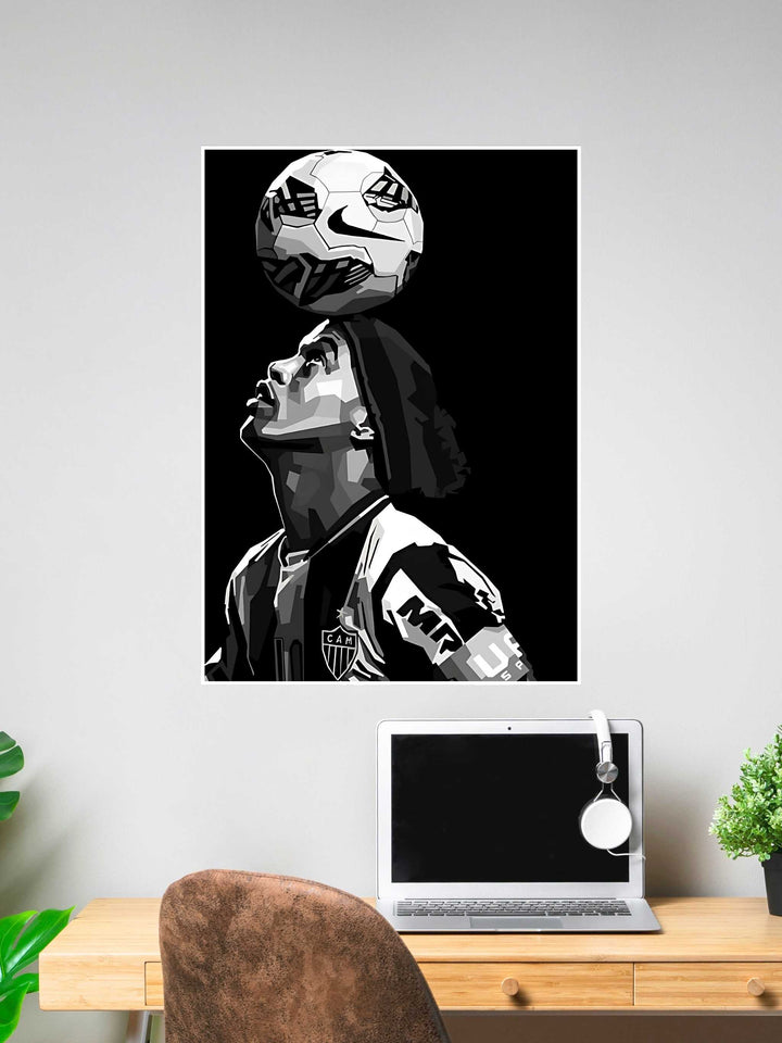 Monochrome poster of Ronaldinho balancing a soccer ball while wearing an Atlético Mineiro jersey.