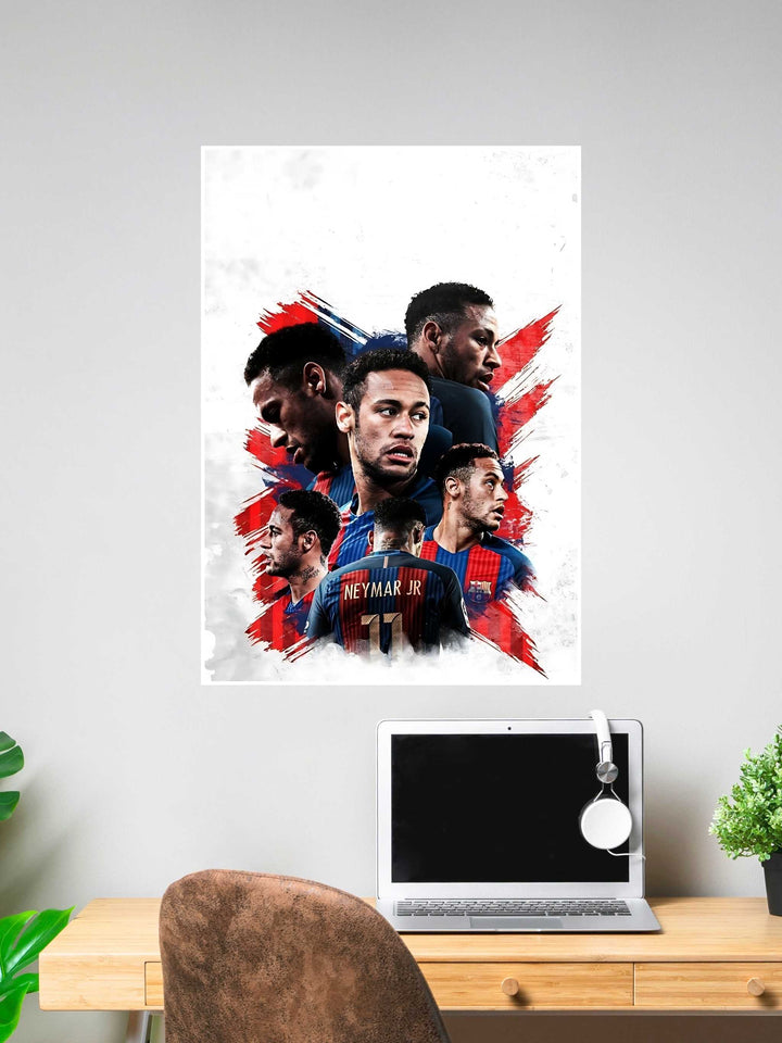 Poster collage of Neymar Jr. in various poses wearing FC Barcelona jersey with red and blue brushstroke background.