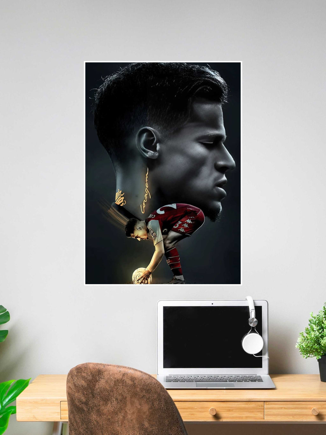 Surreal football art poster showing a focused player kneeling with a ball and a larger head profile representing passion and inner strength.