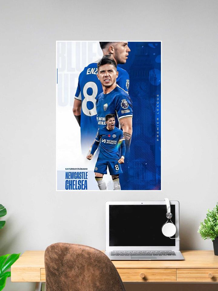 Poster featuring Chelsea FC’s Enzo Fernández in multiple poses with club colors, text reading "Newcastle vs Chelsea," and the Premier League logo.