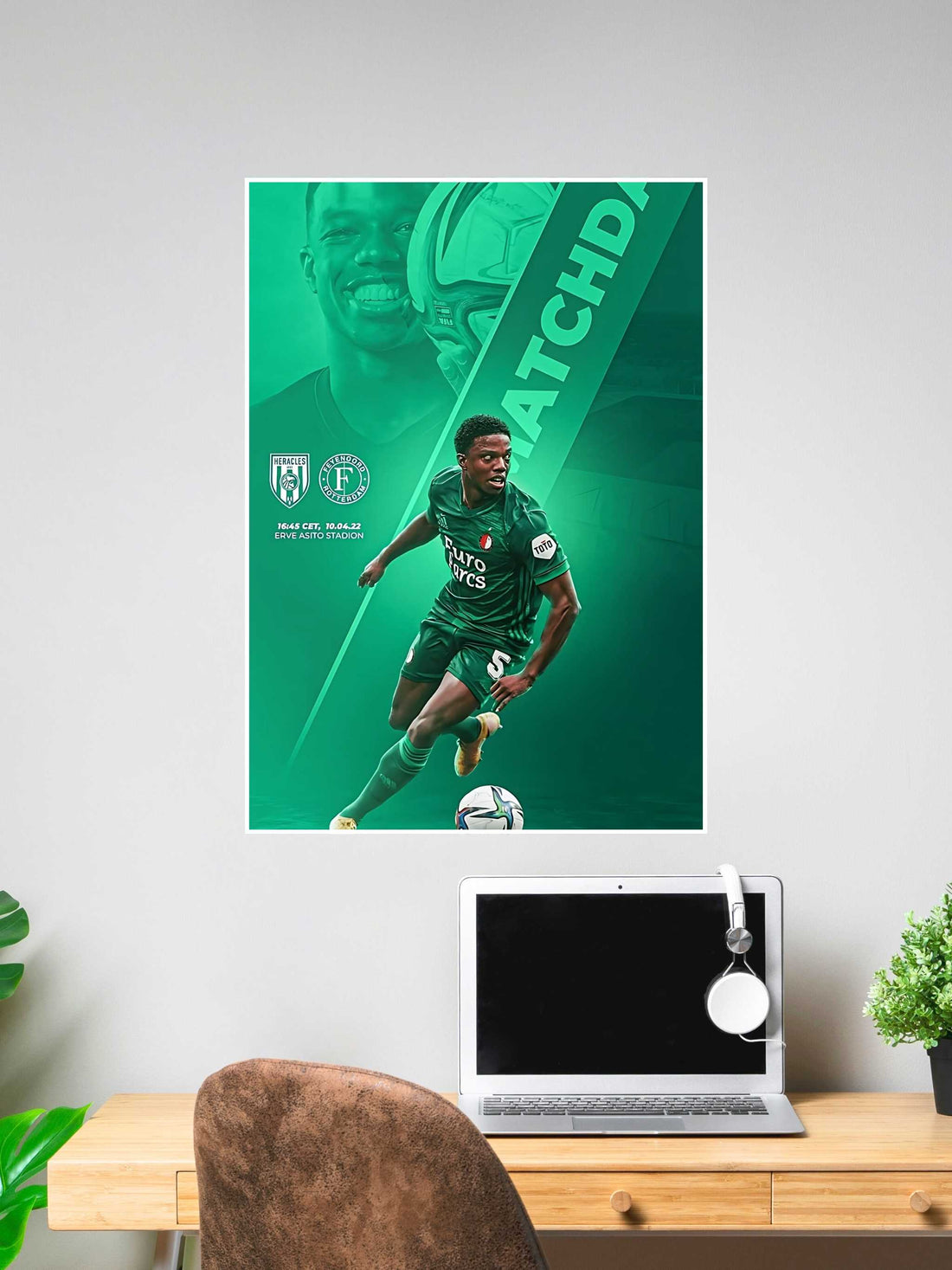 Green-toned poster featuring a Feyenoord player in action, match details for Feyenoord vs Heracles, and the word “Matchday” across the design.