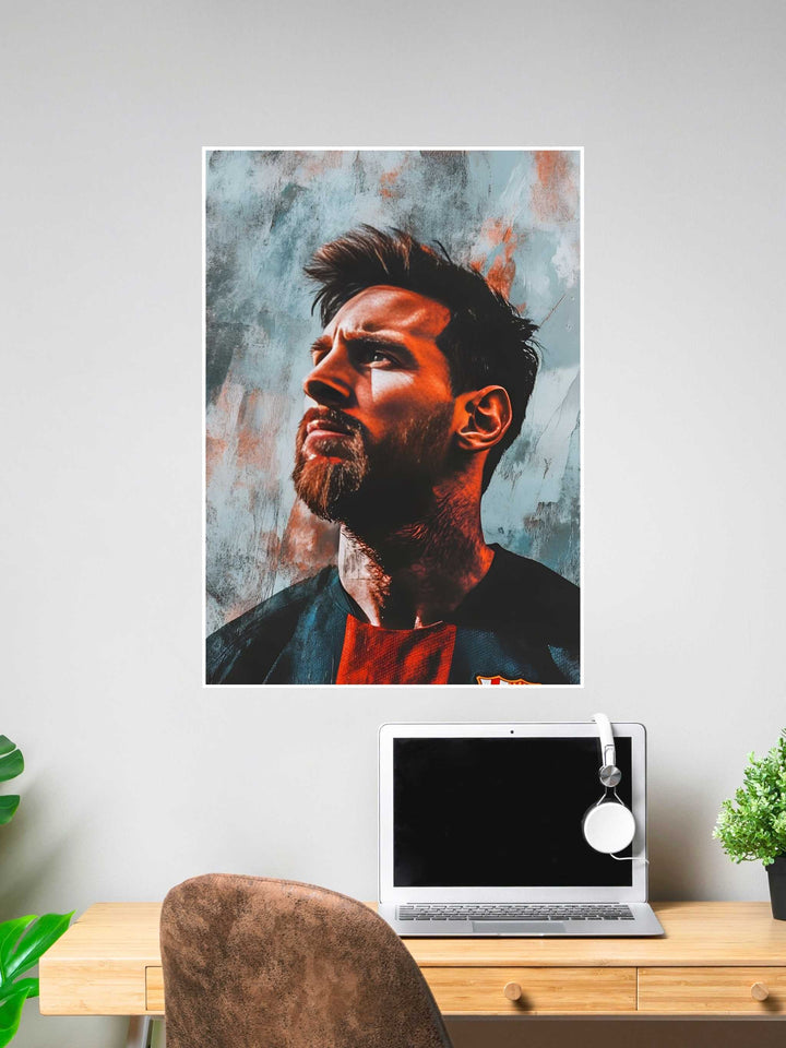 Poster of Lionel Messi in a bold grunge art style, with textured background and dramatic lighting, perfect for football fan wall decor.