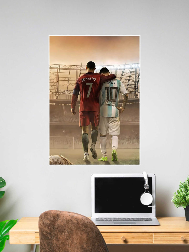 Poster of Lionel Messi and Cristiano Ronaldo walking together off the field with arms around each other, symbolizing sportsmanship and football greatness.