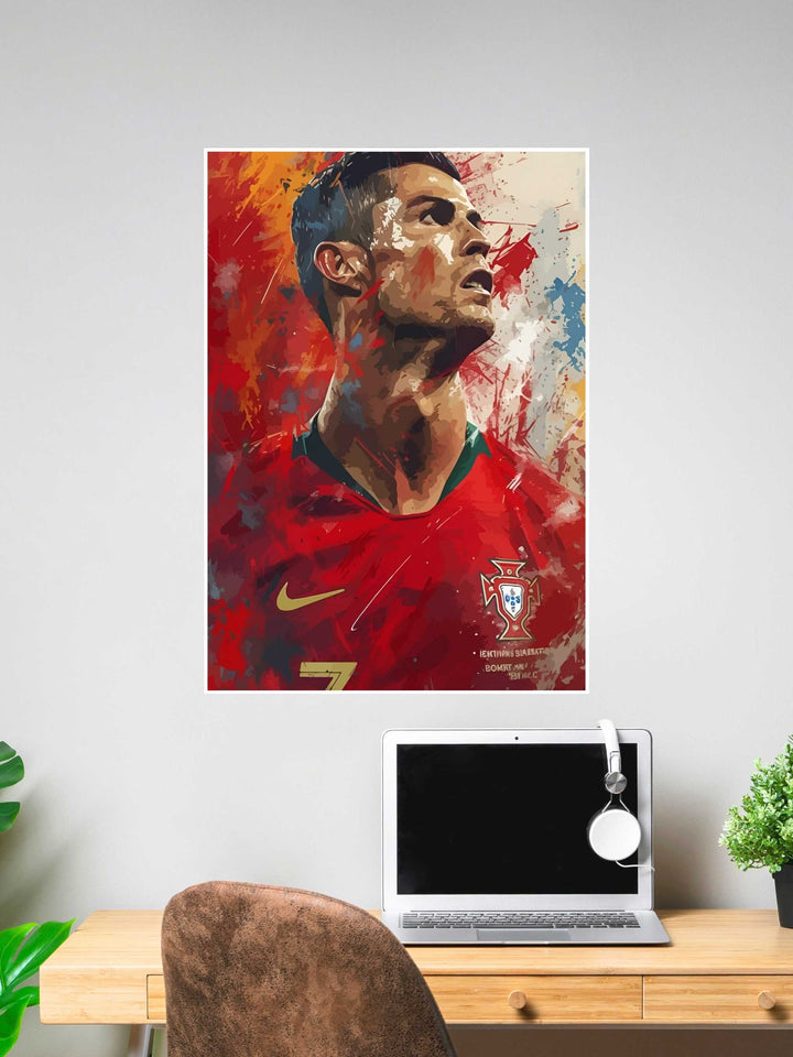 Abstract poster of Cristiano Ronaldo in a Portugal jersey, looking upwards with a powerful expression, set against a splash-painted red and orange background.