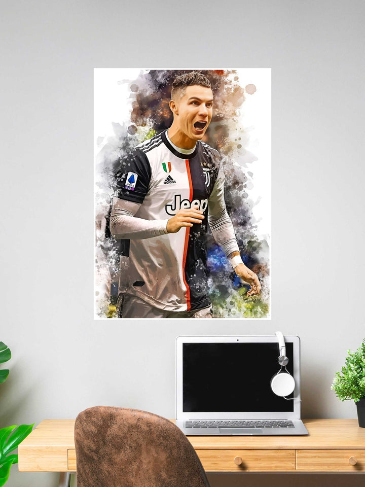Poster of Cristiano Ronaldo celebrating in a Juventus jersey, styled in a splash paint effect with vibrant colors and expressive energy.