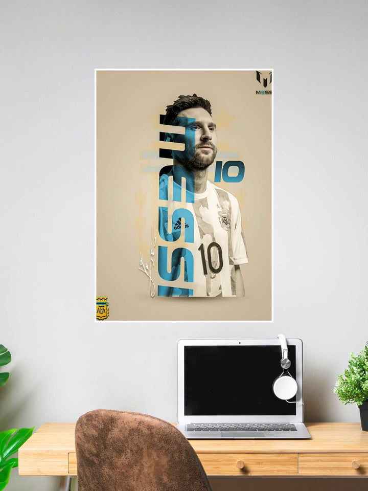 Minimalist poster of Lionel Messi in Argentina jersey with abstract text design and muted tones, symbolizing calm confidence and legacy.
