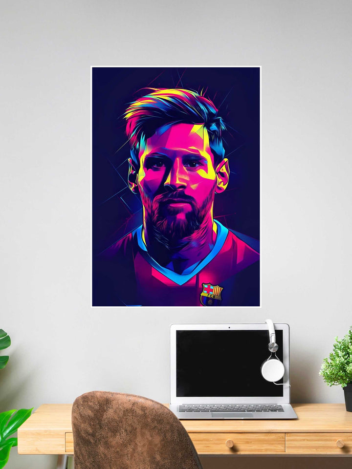 Colorful neon-style portrait of Lionel Messi in FC Barcelona jersey with dark background, creating a modern and vibrant pop-art effect.
