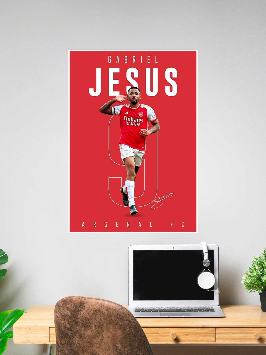 Gabriel Jesus Arsenal poster with a bold red background, showcasing the player mid-celebration in his No. 9 jersey.